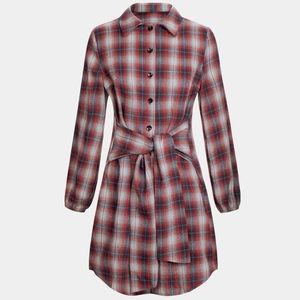 Halara Collared Button Tie Front Plaid Mini Casual Dress Long Sleeve Red Size M